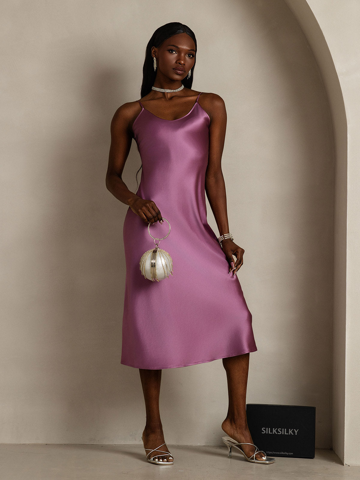 [Deep Purple] SilkSilky-AU Pure Silk Round Neck Dress 008,