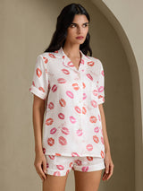 [White Lipstick] SilkSilky-AU Short Sleeve Notch Collar Women's Pyjamas 001