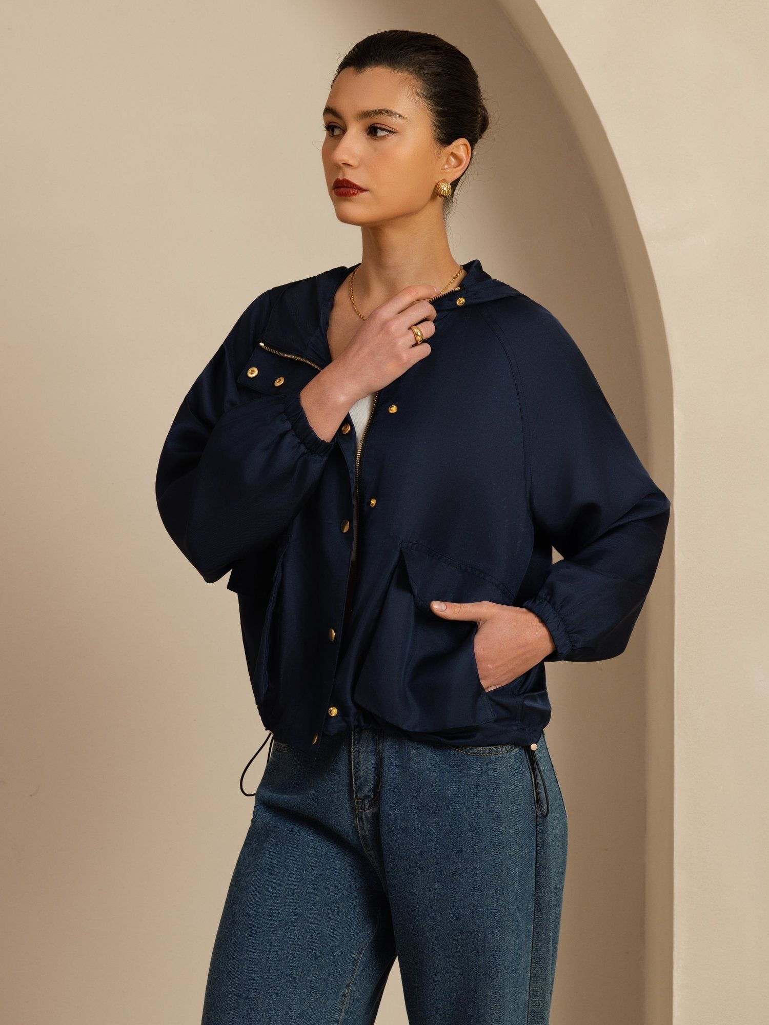 [DarkBlue] SilkSilky-AU Silk Satin Surah Long Sleeve High Neck Women's Outerwear 005