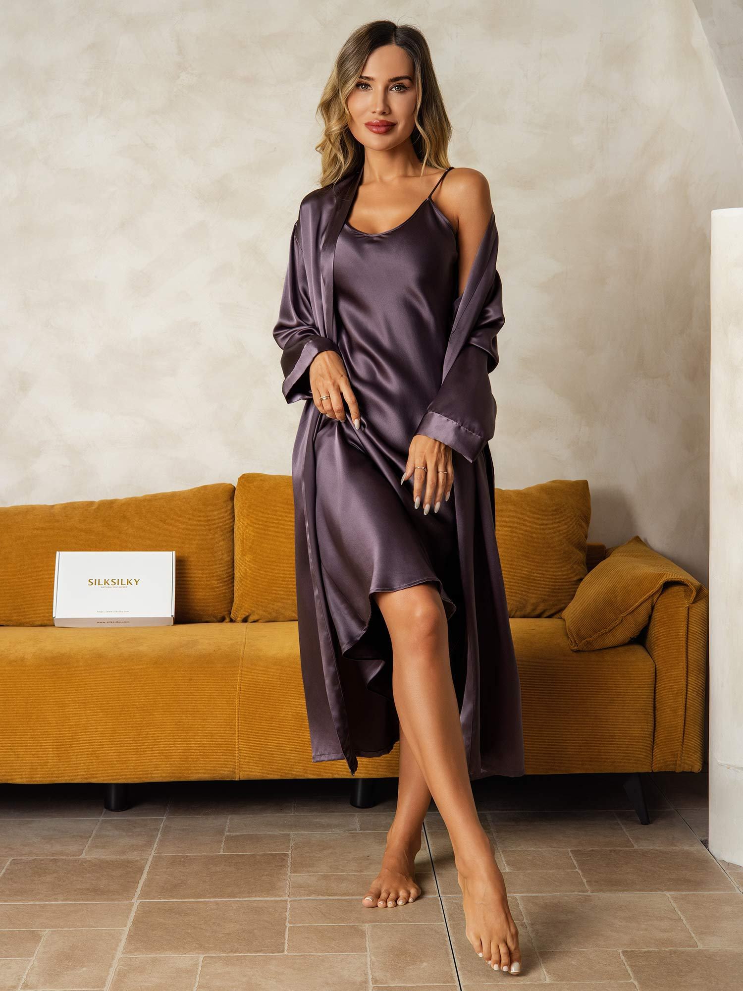 [PurpleGray] SilkSilky-AU Pure Silk V Neck Nightgown&Dressing Gown Set 005