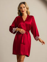 [Wine] SilkSilky-AU 3/4 Sleeve Women's Dressing Gown 004