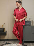 SilkSilky AU 19Momme Pure Silk Short Sleeve Lapel Men's Pyjamas Red 001