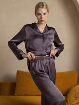 [Purple Gray] SilkSilky-AU Long Sleeve Lapel Collar Women's Pyjamas 004