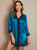 SilkSilky AU Pure Silk 3/4 Sleeve V Neck Nightgown Teal 003