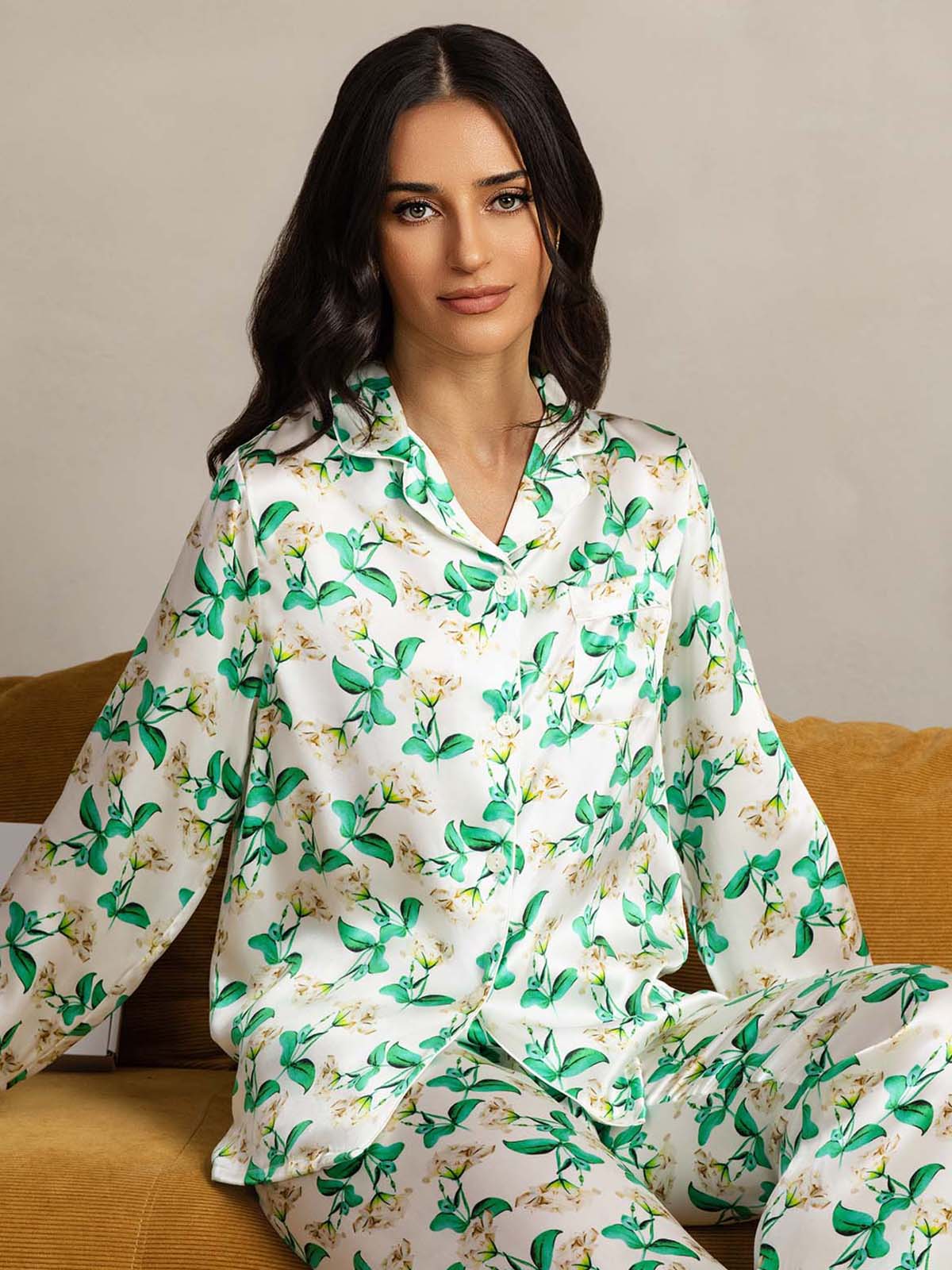 [Green Floral] SilkSilky-AU Pure Silk Womens Pajamas 005
