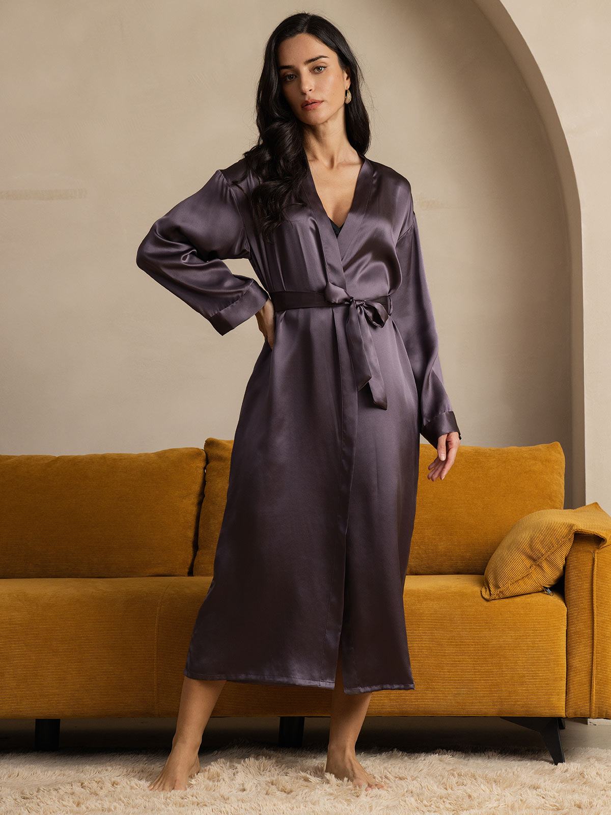 SilkSilky-AU Pure Silk Long Sleeve Womens Robe PurpleGray 003