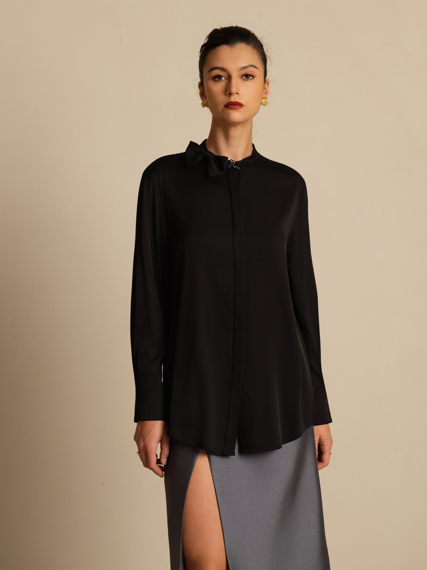 [Black] SilkSilky-AU 19Momme Stretch Silk Double Georgette Long Sleeve Stand Collar Blouse 001