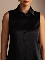[Black] SilkSilky-AU Sleeveless Lapel Collar Women's Shirt 004