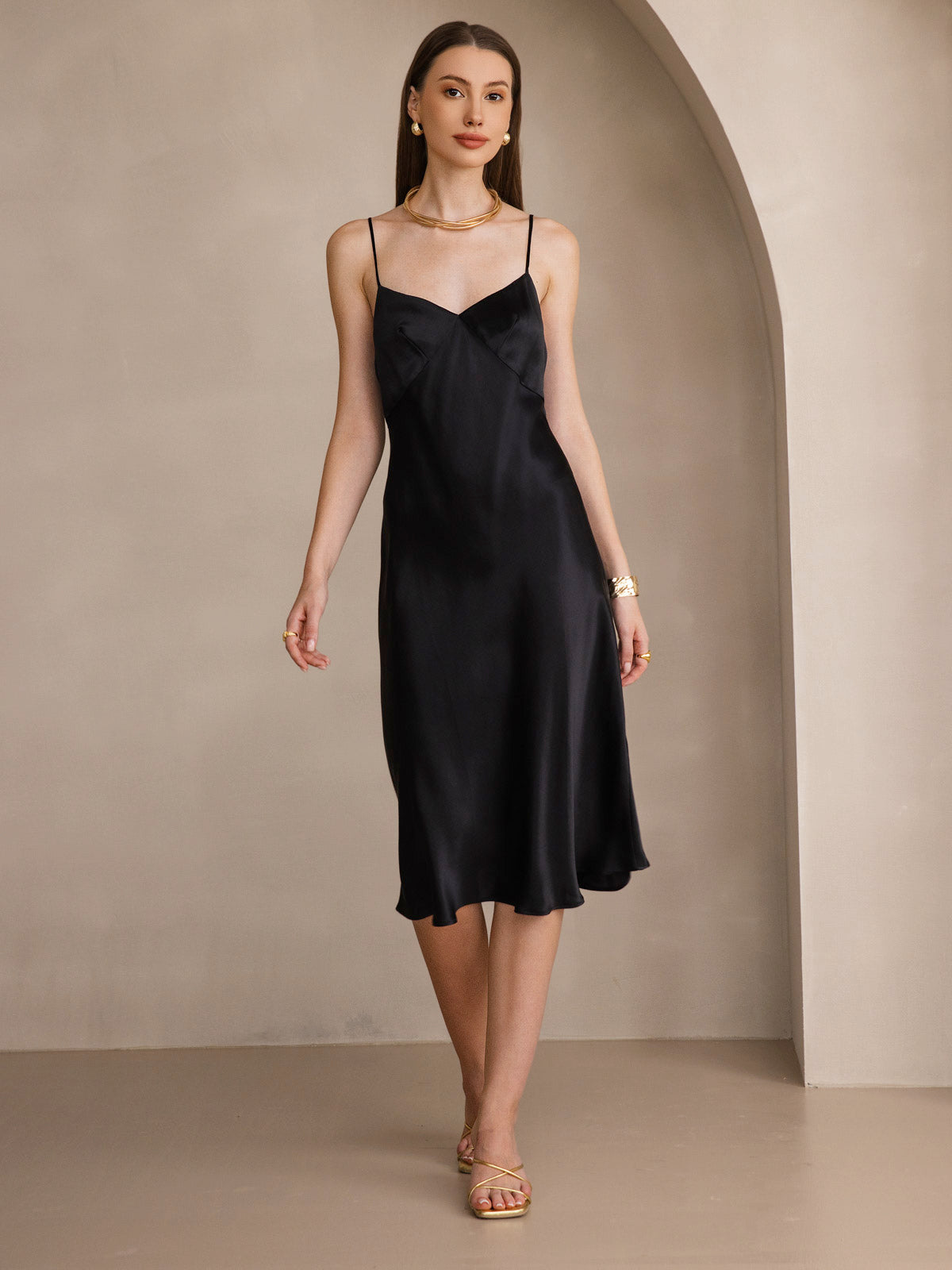 [Black] SilkSilky-AU 19Momme Pure Silk V Neck Dress 001