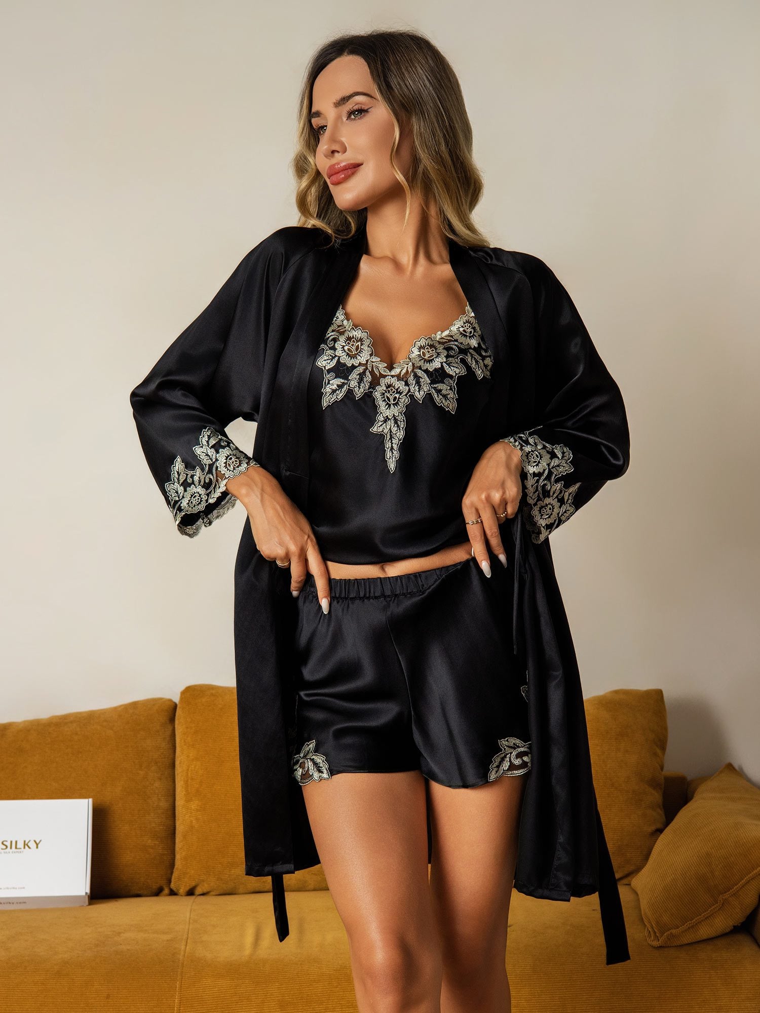 [Black] SilkSilky-AU Pure Silk V Neck Nightgown&Dressing Gown Set 003