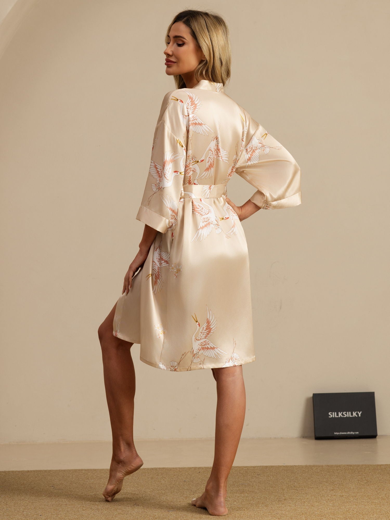 [Champagne] SilkSilky-AU 19Momme 3/4 Sleeve Women's Dressing Gown 002