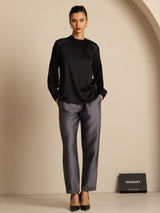 [Black] SilkSilky-AU 19Momme Stretch Silk Charmeuse Long Sleeve Round Neck Blouse 008