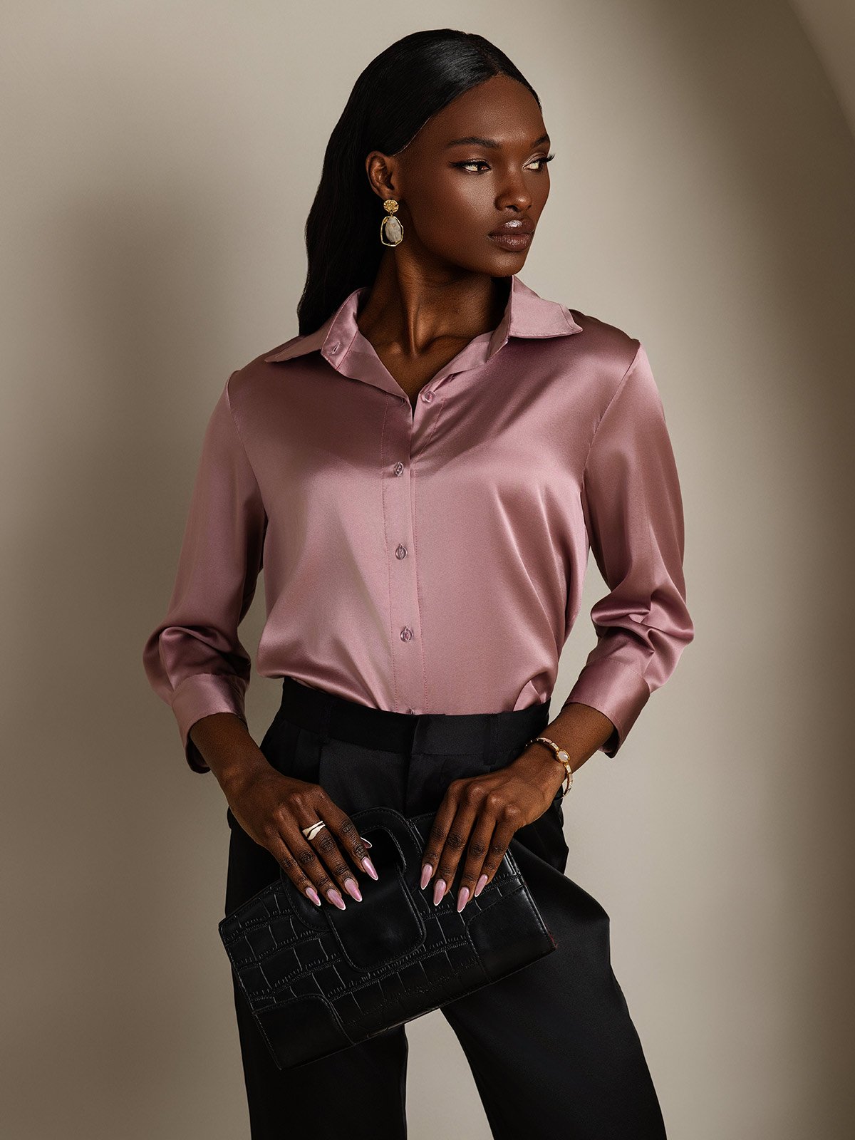 SilkSilky-AU 19Momme Silk Long Sleeve Lapel Women's Shirt PaleMauve 005