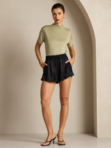 [Dried Herb] SilkSilky-AU 100% Silk Jersey Short Sleeve Mock Neck Women's T-Shirt 006