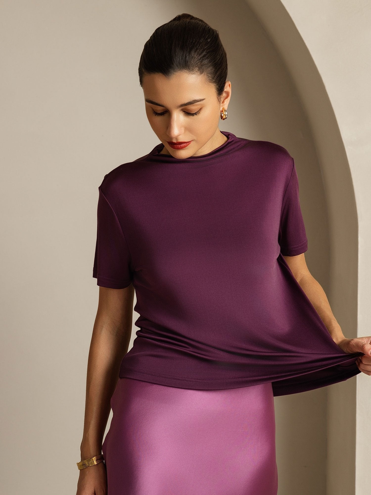 [Purple] SilkSilky-AU Pure Silk Collar Women's T-Shirt 003