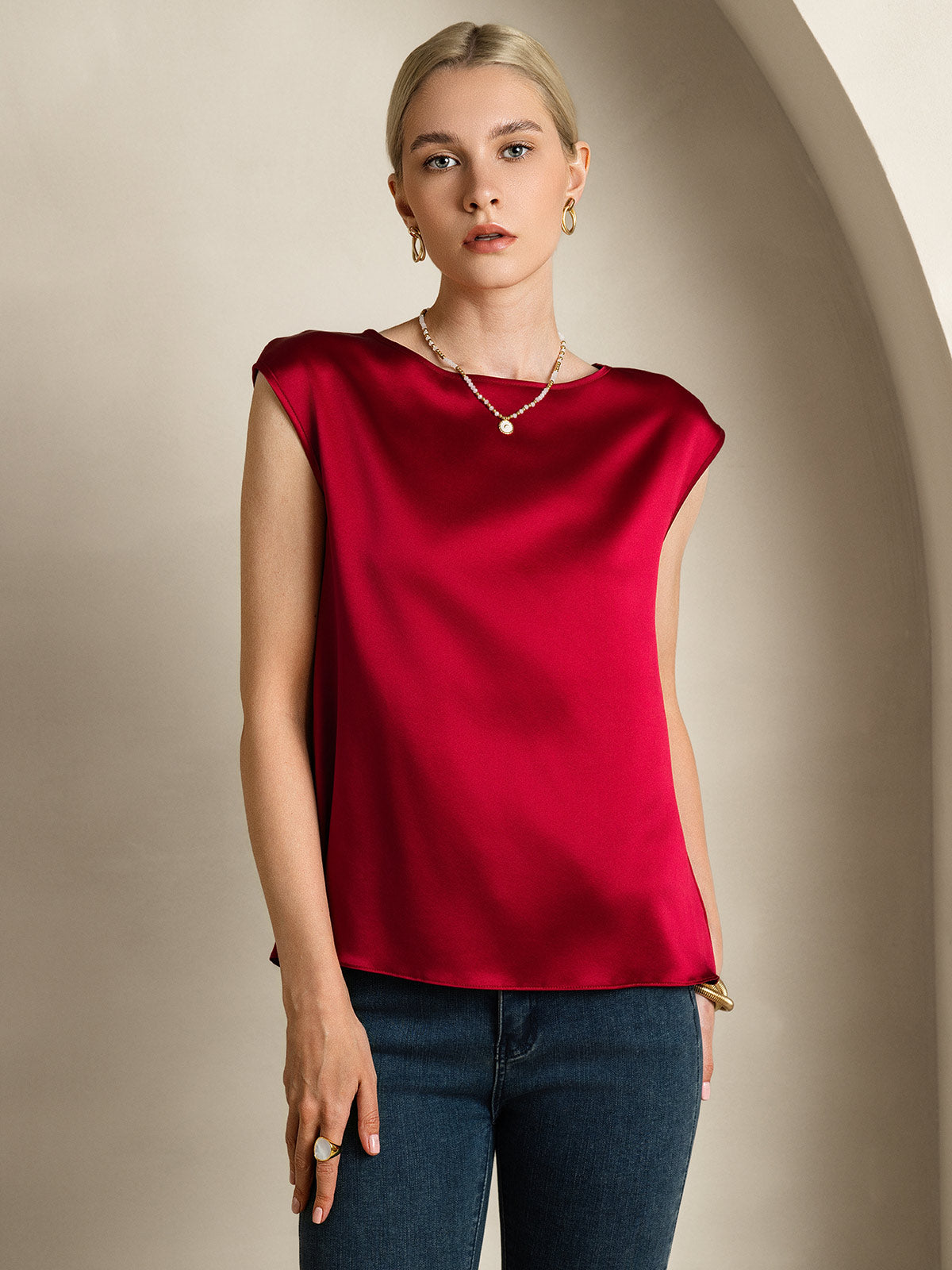 [Wine] SilkSilky-AU 19Momme Stretch Silk Charmeuse Cap Sleeve Round Neck Women's T-Shirt 001