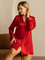 [Red] SilkSilky-AU Long Sleeve Lapel Collar Nightshirt 005