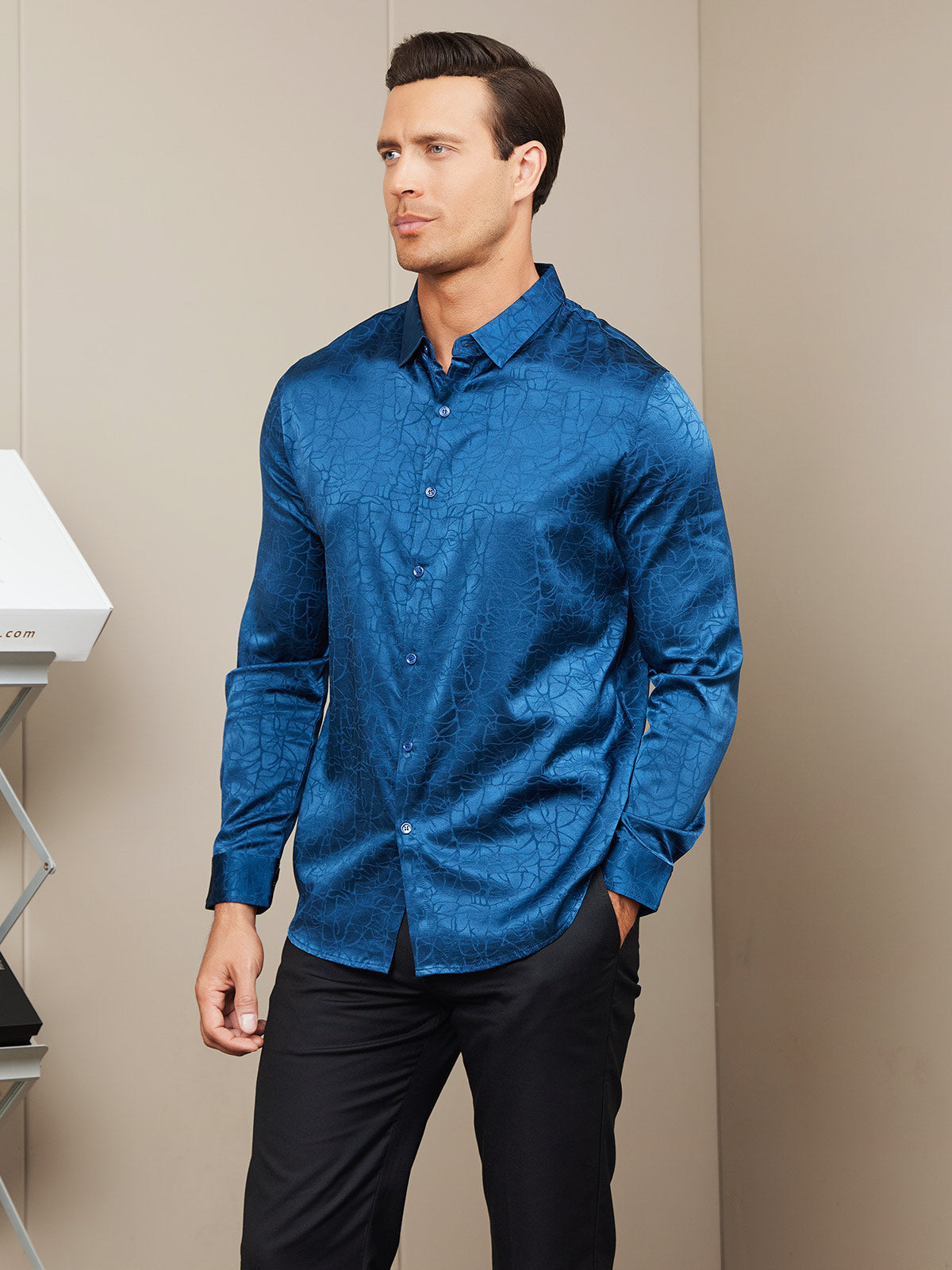 SilkSilky AU Silk Long Sleeve Collar Men's Shirt DarkBlue 004