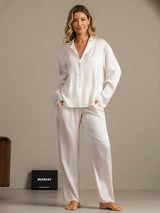 [White] SilkSilky-AU 19Momme Machine-Washable Silk Long Sleeve Notch Collar Women's Pyjamas 008