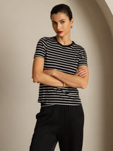[Black Stripe] SilkSilky-AU Short Sleeve Crew Neck Women's T-Shirt 005