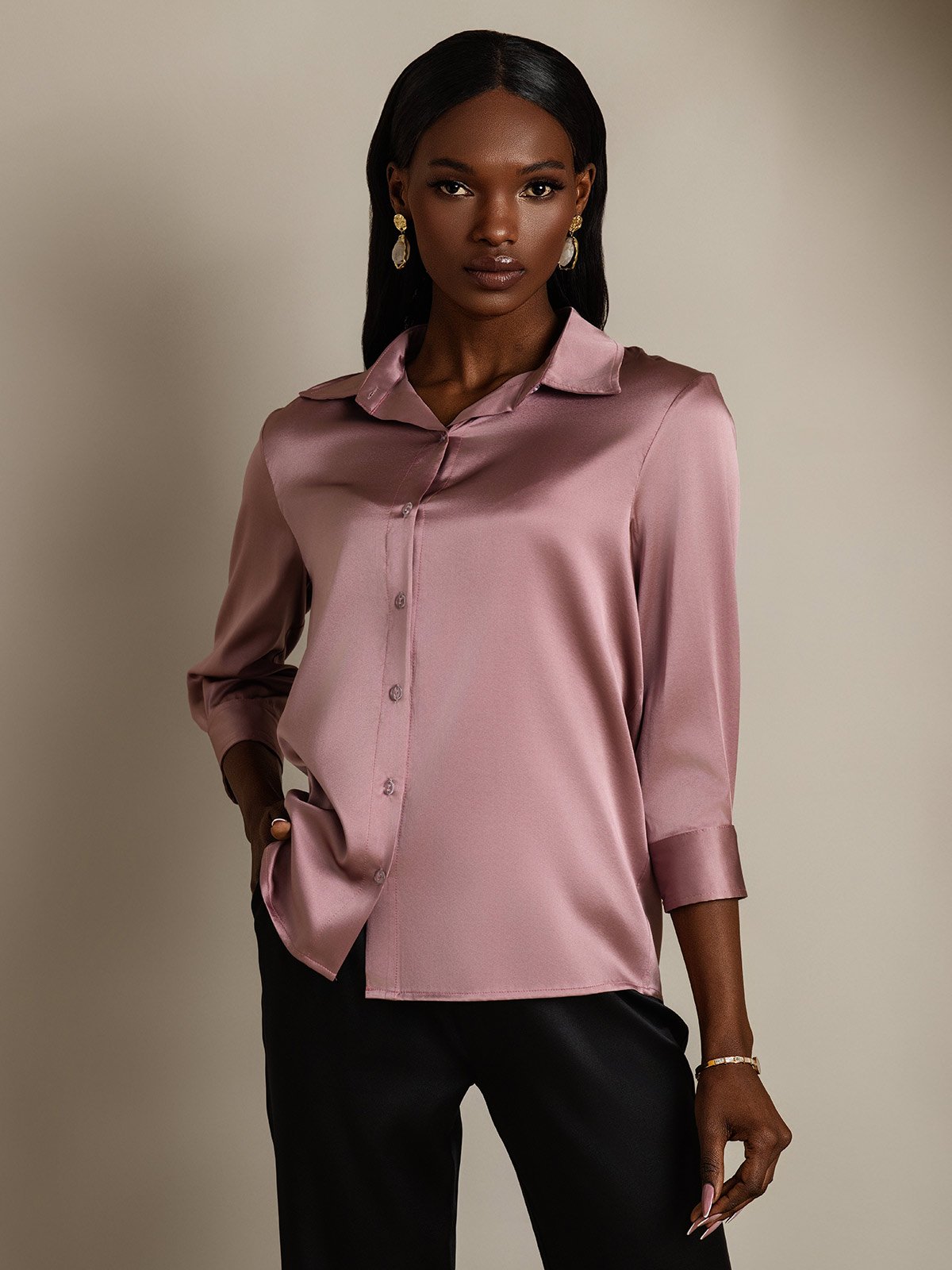 SilkSilky-AU 19Momme Silk Long Sleeve Lapel Women's Shirt PaleMauve 004