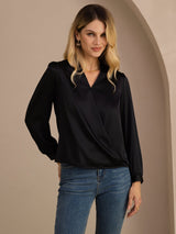 [Black] SilkSilky-AU Long Sleeve Wrap Women's Blouse 001