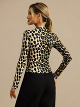[Leopard] SilkSilky-AU 100% Silk Jersey Long Sleeve Mock Neck Women's T-Shirt 002