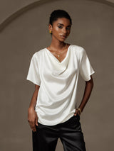 [White] SilkSilky-AU Short Sleeve Cowl Neck Women's Blouse 003