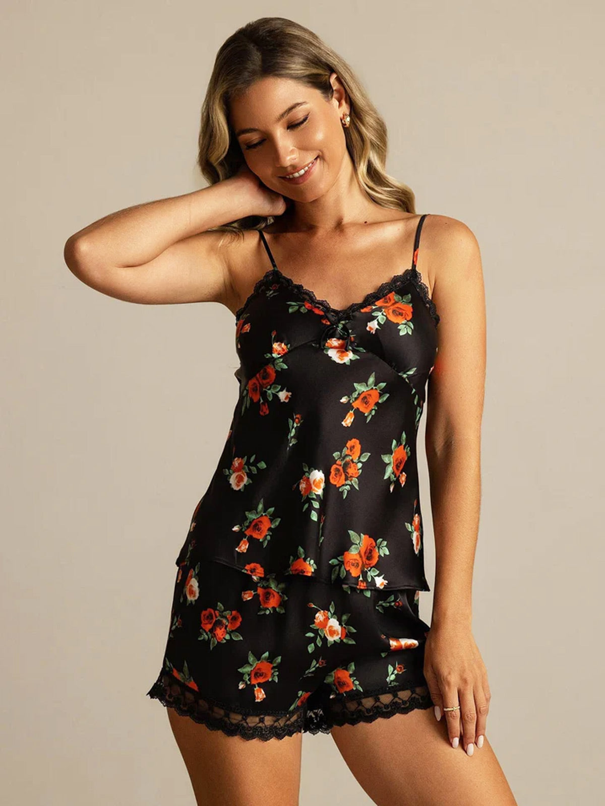 Pure Silk Flower Print Spaghetti Strap Camisole Set with Built-in Bra