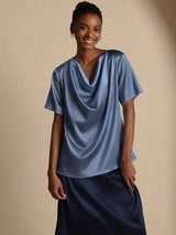 [Real Teal] SilkSilky-AU Short Sleeve Cowl Neck Women's Blouse 001