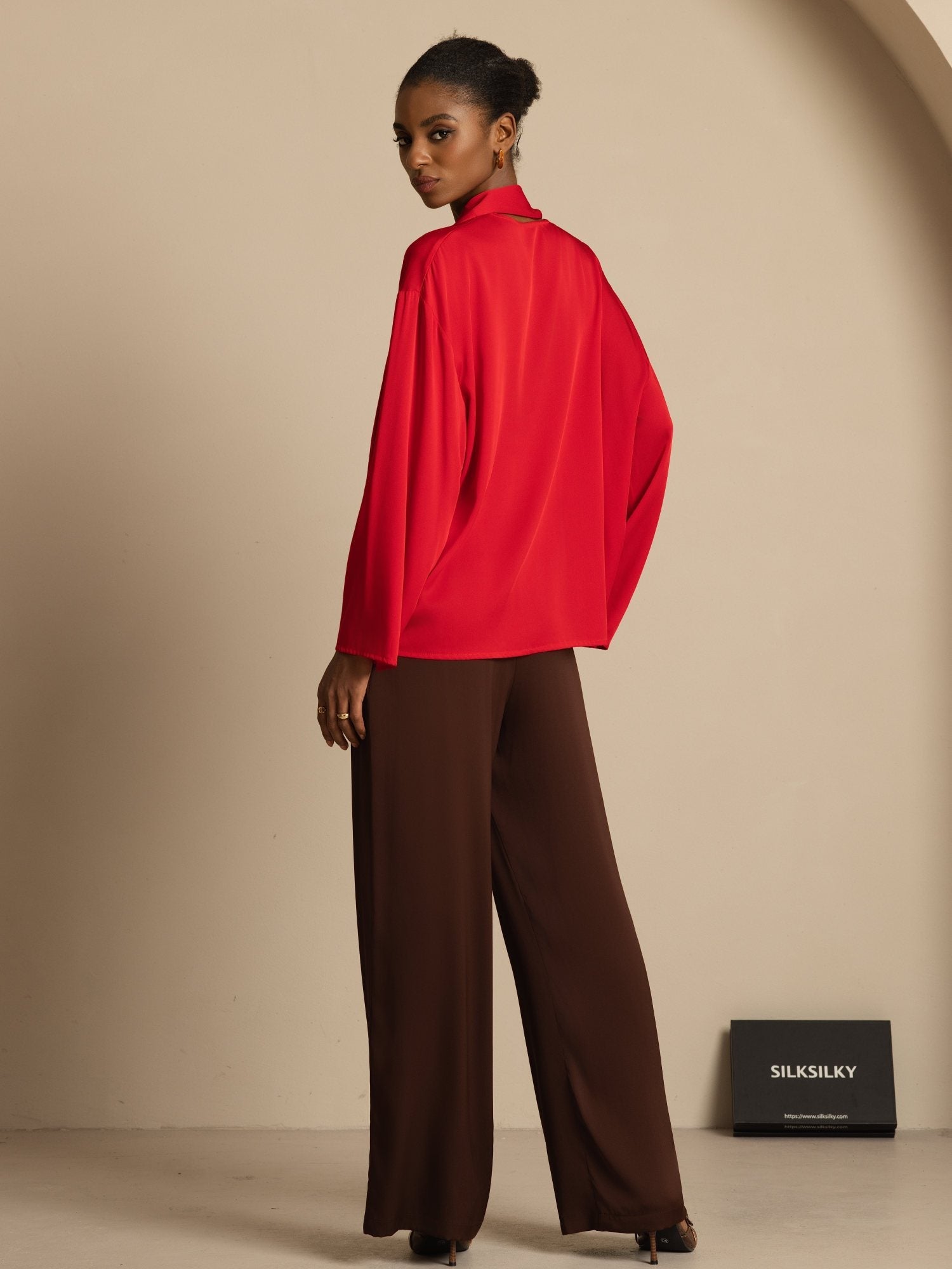 [Wine] SilkSilky-AU 19Momme Stretch Silk Double Georgette Long Sleeve V Neck Blouse 007