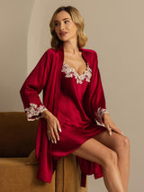 [Wine] SilkSilky-AU 3/4 Sleeve V Neck Nightgown&Dressing Gown Set 007