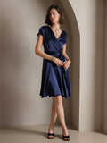 SilkSilky AU 19Momme Silk Short Sleeve V Neck Dress DarkBlue 007