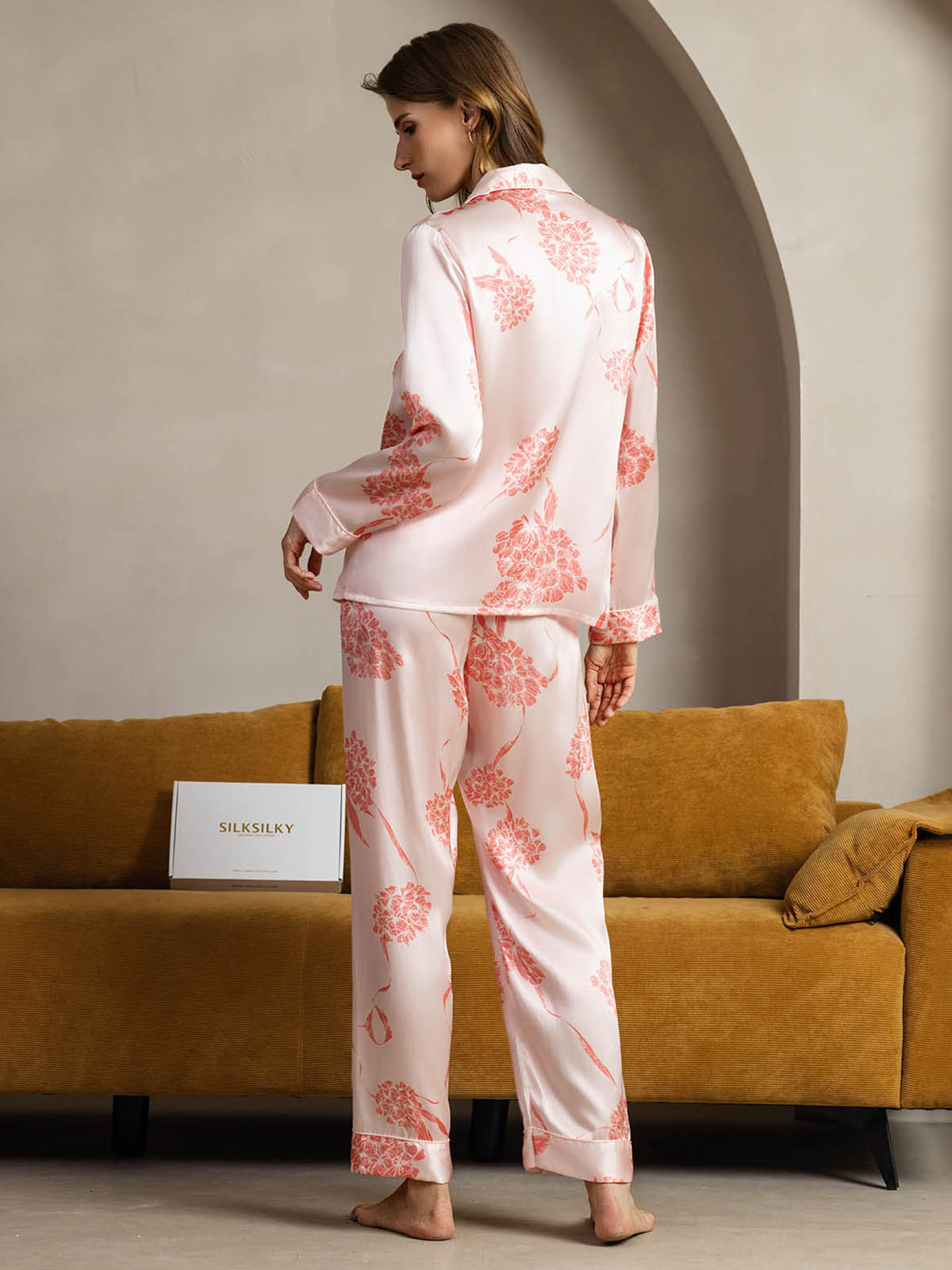 [Coral Floral] SilkSilky-AU Pure Silk Womens Pajamas 002