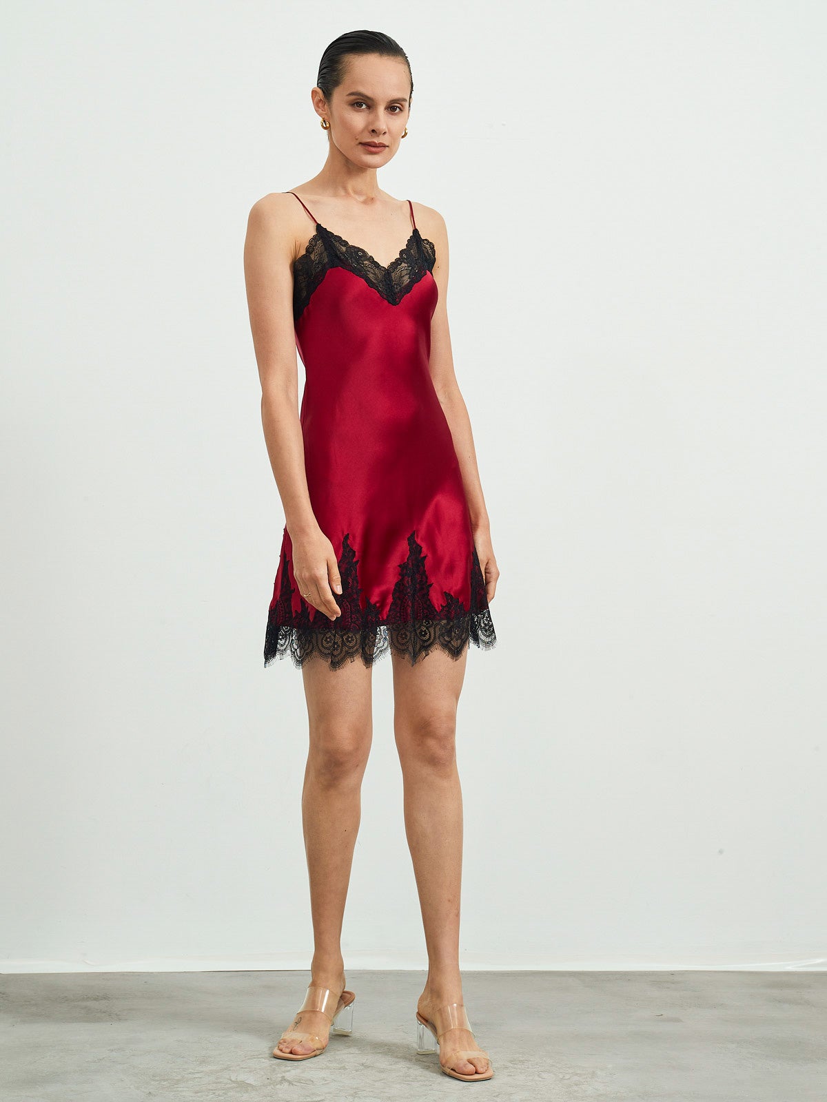 SilkSilky AU Pure Silk Sleeveless V Neck Nightgown DarkRed 005