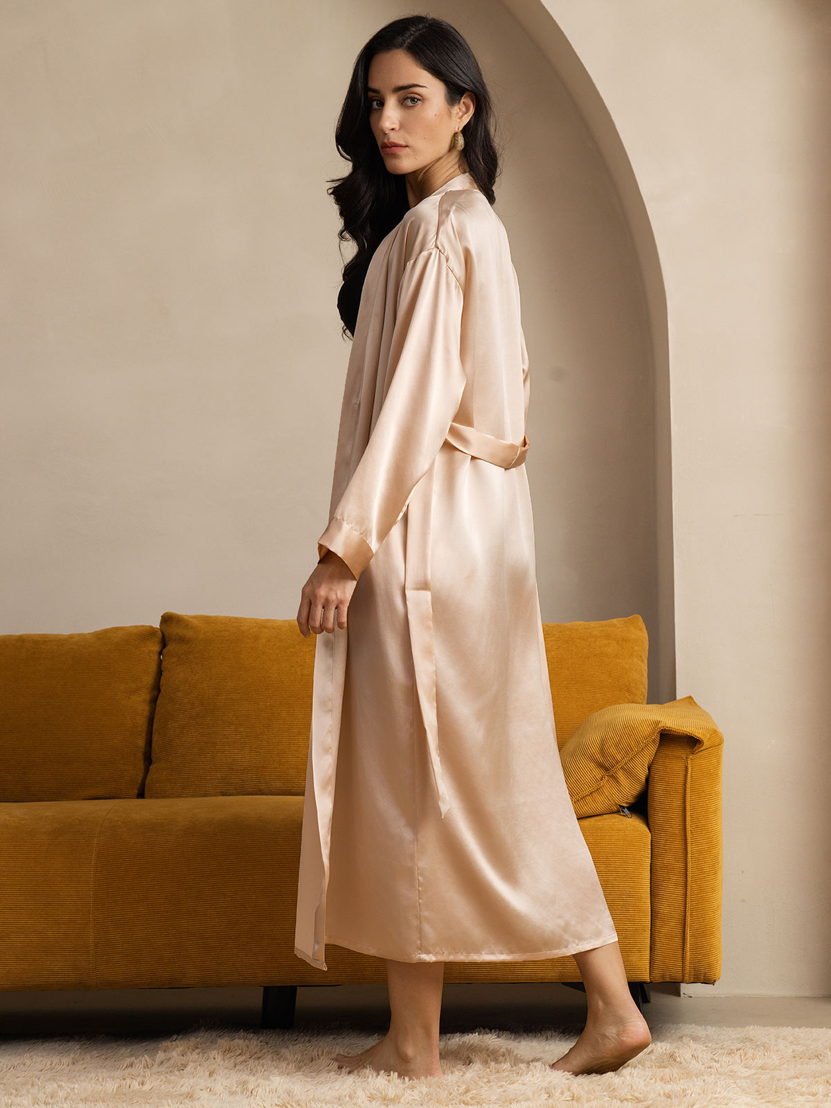 SilkSilky-AU Pure Silk Long Sleeve Womens Robe Champagne 002