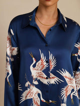 [Dark Blue] SilkSilky-AU 19Momme Long Sleeve Lapel Collar Women's Shirt 006