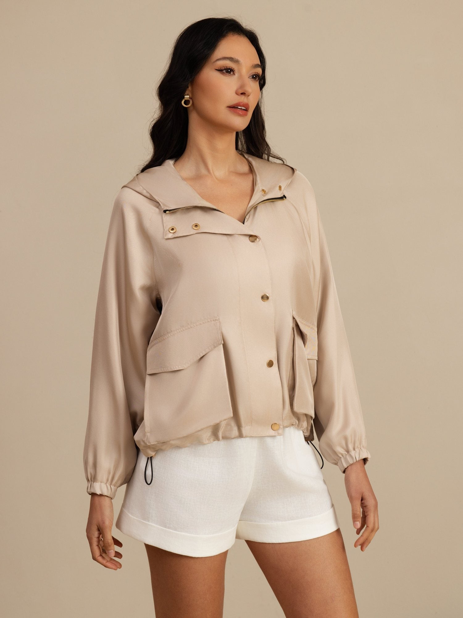 [Tan] SilkSilky-AU Silk Satin Surah Long Sleeve High Neck Women's Outerwear 004