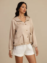 [Tan] SilkSilky-AU Silk Satin Surah Long Sleeve High Neck Women's Outerwear 004