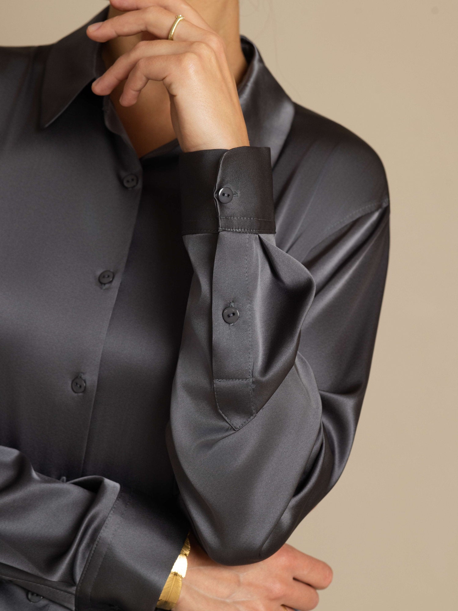 [Dark Gray] SilkSilky-AU 19Momme Stretch Silk Charmeuse Long Sleeve Lapel Collar Women's Shirt 005