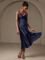 [Dark Blue] SilkSilky-AU Spaghetti Strap Cowl Neck Dress 004