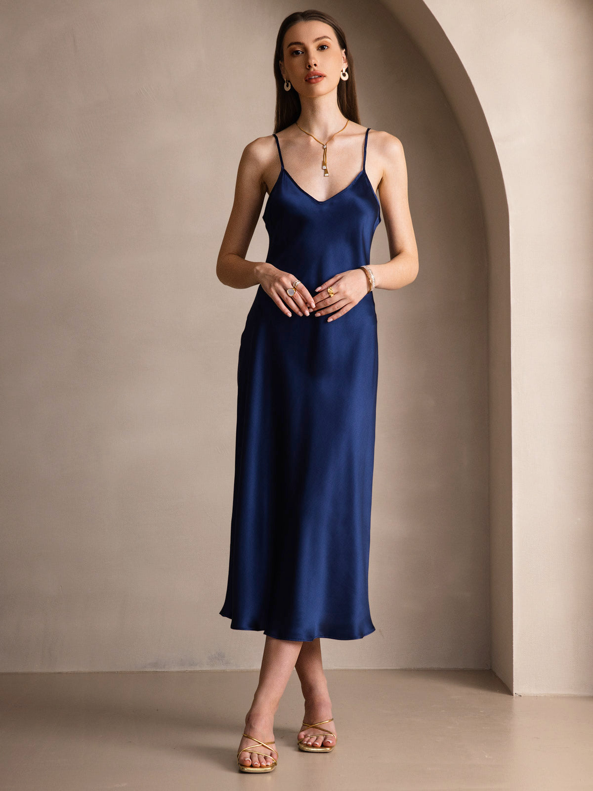 [Dark Blue] SilkSilky-AU Spaghetti Strap V Neck Dress 003