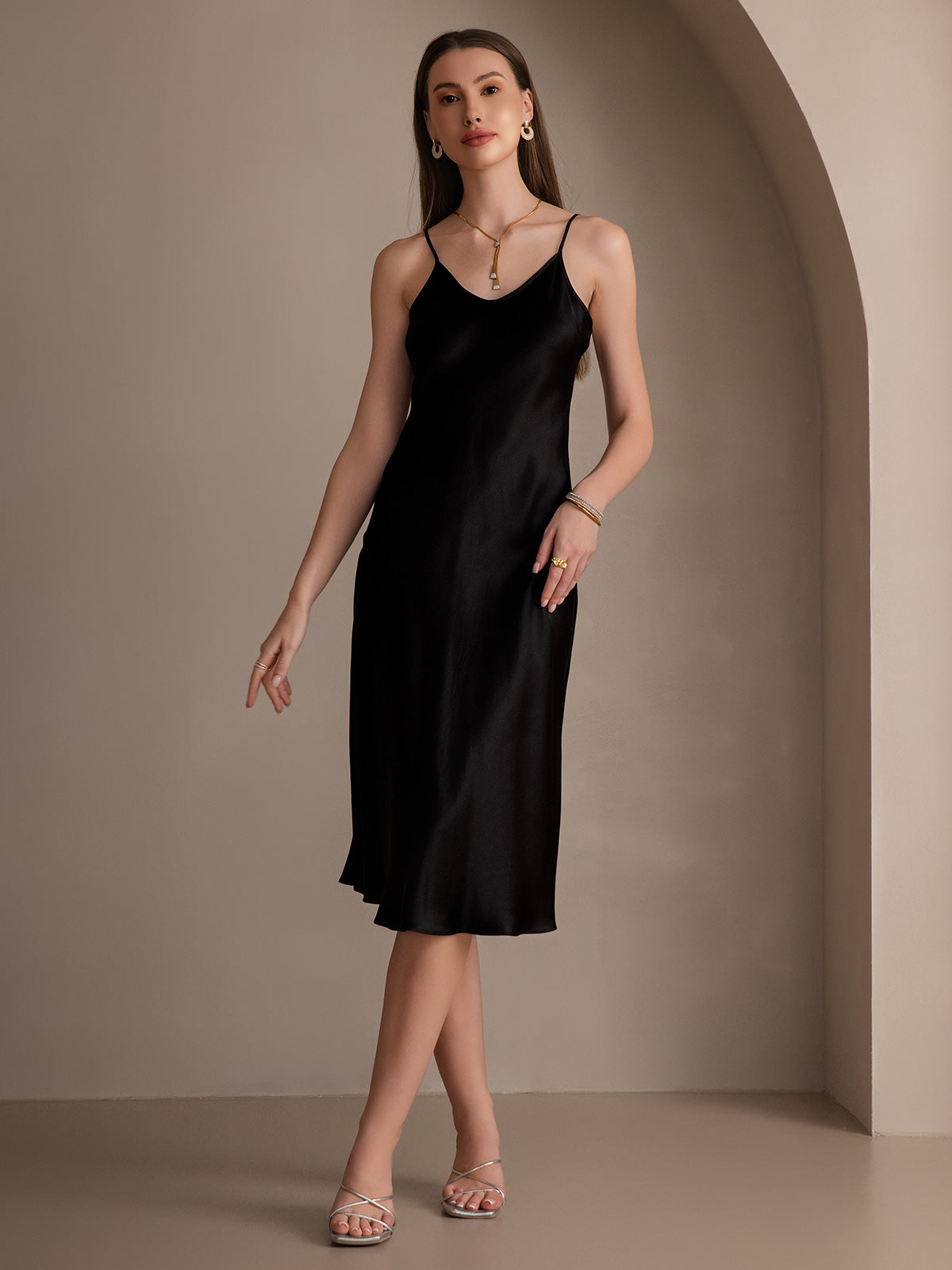 SilkSilky AU Pure Silk Deep V Neck Dress Black 008