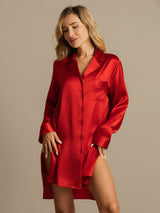 [Red] SilkSilky-AU Long Sleeve Lapel Collar Nightshirt 001