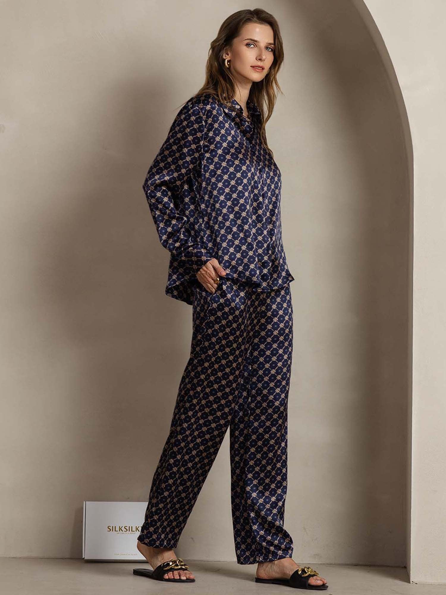 [Navy Chain] SilkSilky-AU 19Momme Silk Lapel Collar Women''s Outfit Sets 004