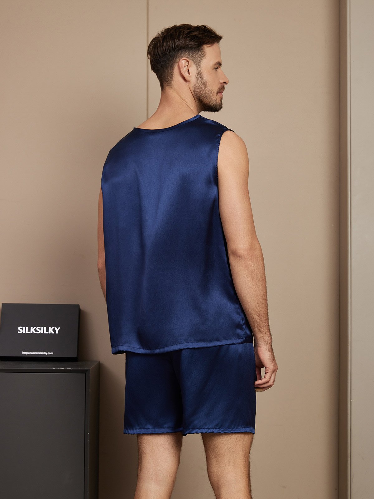 SilkSilky AU Pure Silk Sleeveless Round Neck Men's Pyjamas DarkBlue 002