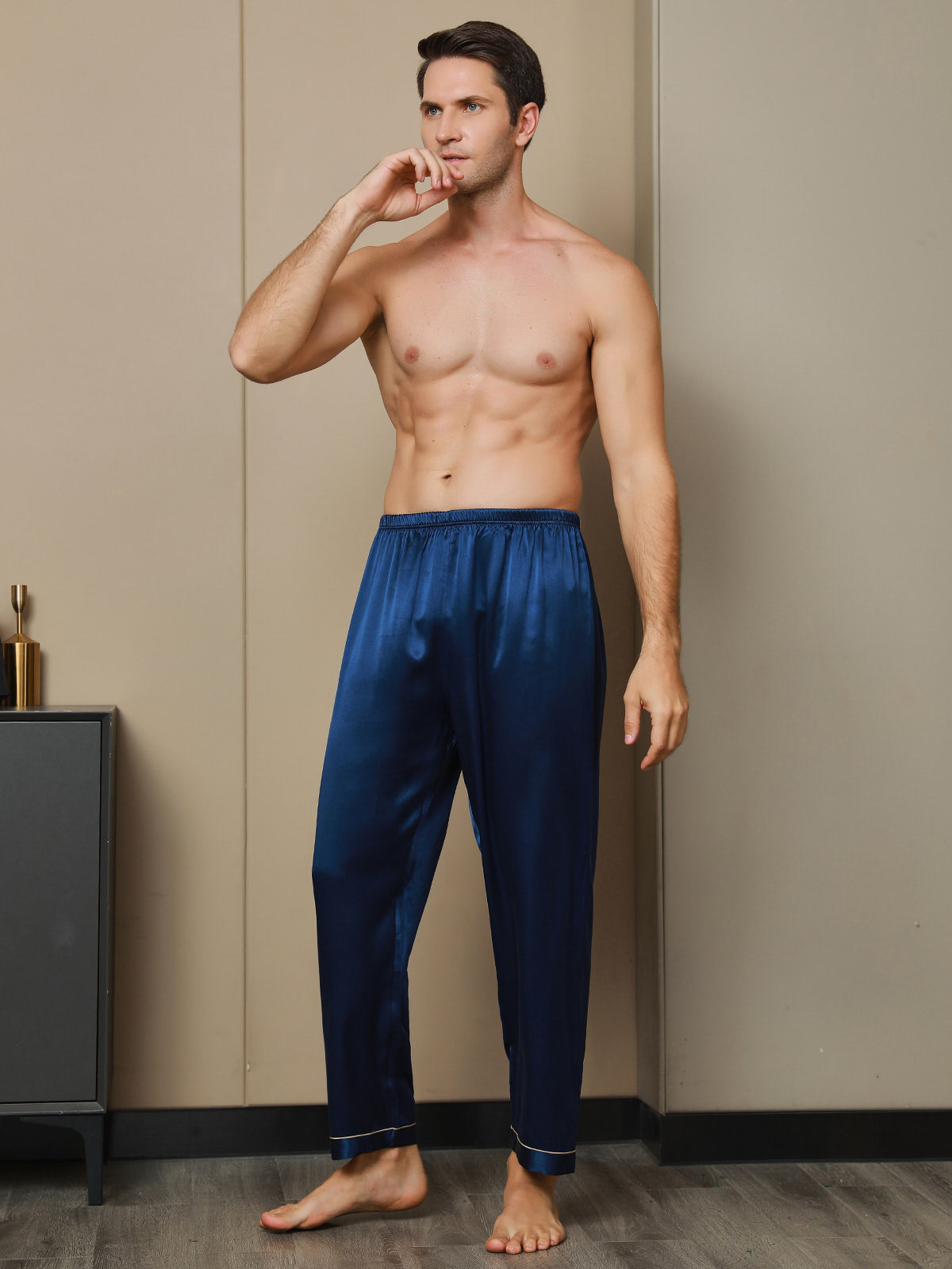 [Dark Blue] SilkSilky-AU Pure Silk Mens Sleep Bottoms 004