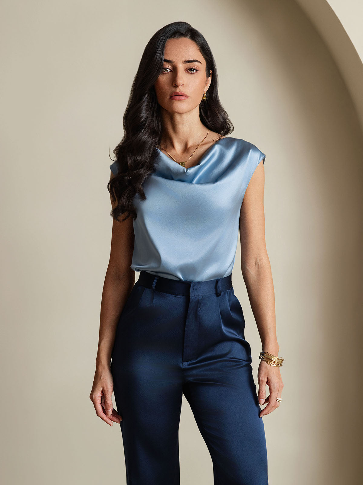 [Grayish Blue] SilkSilky-AU 19Momme Silk Sleeveless Cowl Neck Women's T-Shirt 003