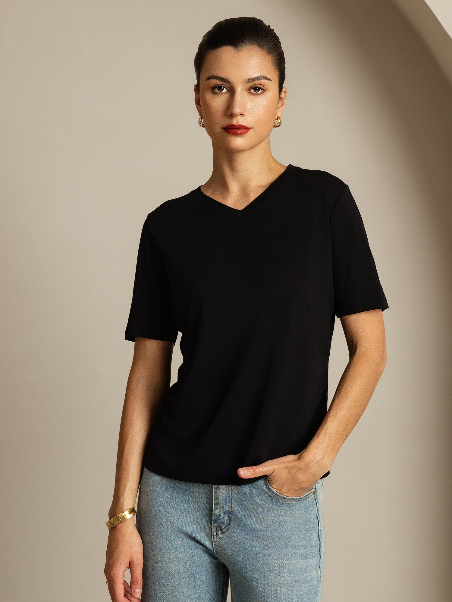 [Black] SilkSilky-AU Pure Silk V Neck Women's T-Shirt 001
