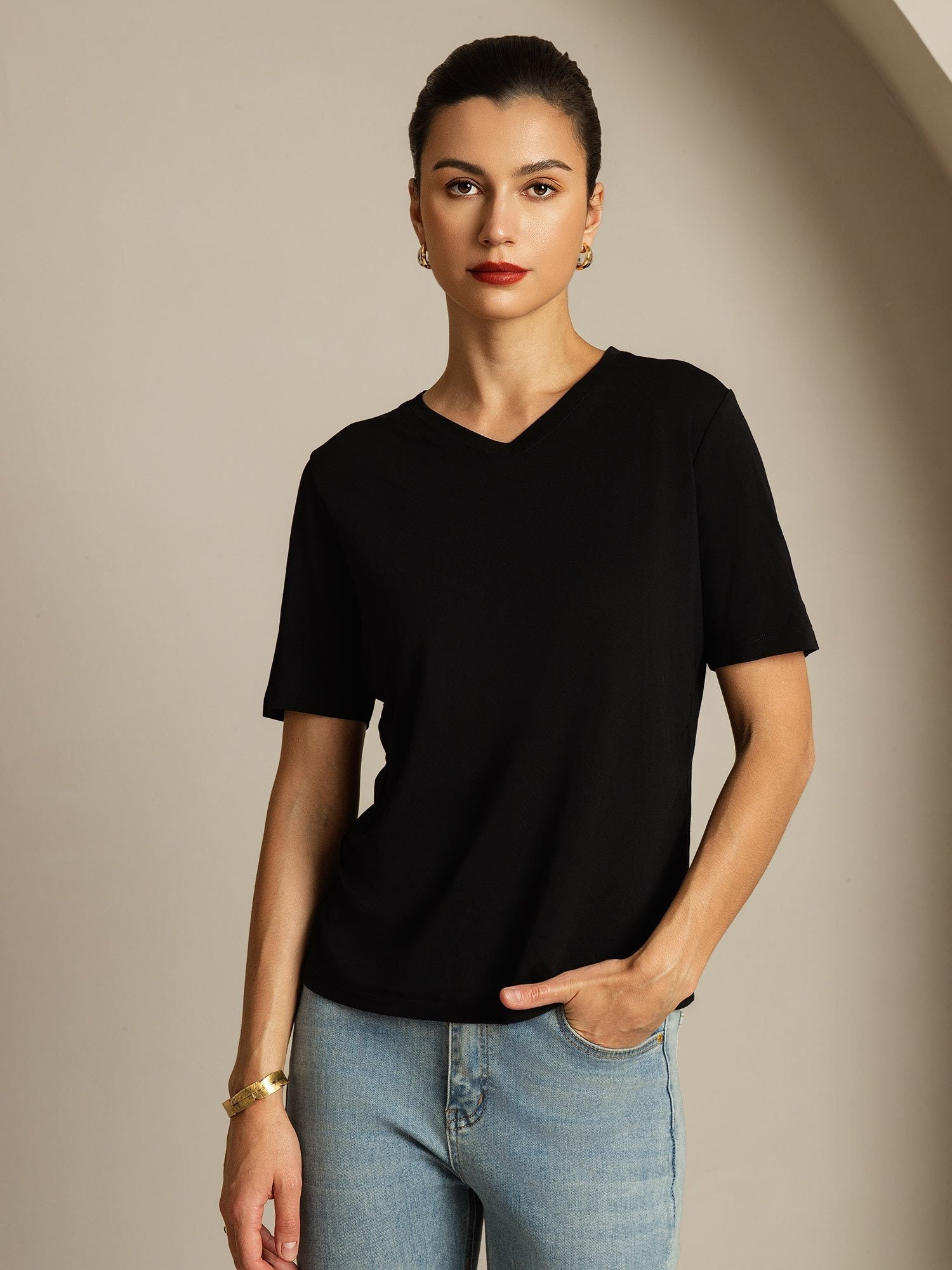 [Black] SilkSilky-AU 100% High-Twist Silk Jersey Short Sleeve V Neck Women's T-Shirt 001
